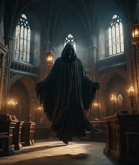 a (dementor:1.3), levitating ominously. BREAK inside a dimly lit bell tower. vibrant, photo realism, Masterpiece, (8k), (32k), UHD, highest-quality, intricate details, highly detailed, best artist, immaculate micro-details, sharp edges, Hogwarts classroom,...