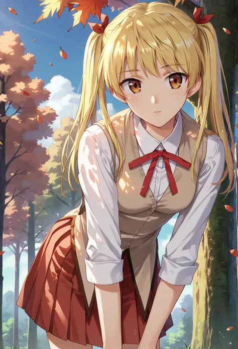 <lora:sawachika_eri_ponyxl_v8:0.8>, sawachika eri, blonde hair, twintails, solo, standing, looking at viewer,
school uniform, white shirt, brown vest, red ribbon, neck ribbon, collared shirt, red skirt, pleated skirt,
leaning forward, 
outdoors, forest, fa...