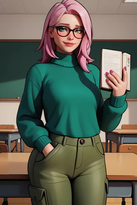 score_9, score_8_up, score_7_up, masterpiece, high quality, BREAK, <lora:Sfrinzy stylePONYLYCO:0.8>sfrinzy, solo, makeup, nose, nail polish, 
1girl,  pink hair,glasses, green sweater, cargo pants, holding a book, shy smile, blush, in a school, tables, boar...