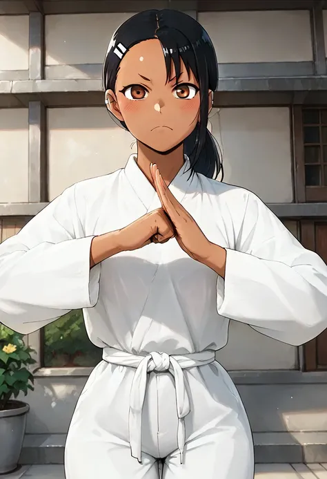 (fist-palm salute:1.5), score_9, score_8_up, score_7_up, source_anime, ultra detailed, 
Generate a picture of a girl making fist-palm salute in a big garden in front of a big traditional Chinese building, she is wearing a yin_yang_print robe, white pants, ...