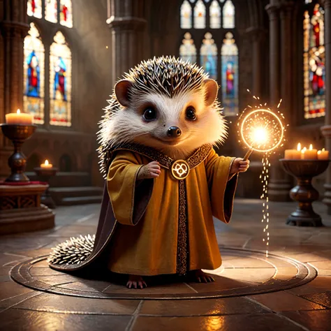 cinematic film still Adorable small chibi hedgehog wizard in a golden robe, standing next to a magical cauldron. Gothic cathedral interior, stone floor ((((with a glowing magical circle symbol on the floor )))). Cauldron emitting mystical smoke. Warm illum...