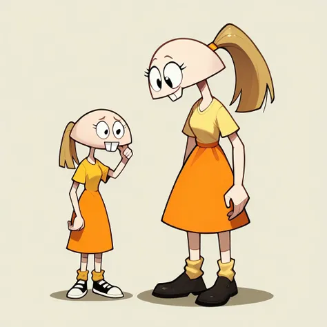 score_9, score_8_up, score_7_up BREAK pegTO, 1girl, bald head, black eyes, yellow hairclip, light brown ponytail, ponytail, buckteeth, bucktooth, no jaw, no lower jaw, half head, jawless, yellow longsleeved shirt, orange skirt, yellow socks, white black sh...