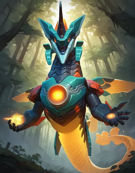 score_9, score_8_up, score_7_up, score_6_up, score_5_up, mecha, [aurelionsol], eastern dragon, tail, feral, solo, (wings:0.7), reaching towards viewer, holding magic, [[holding object]], forest, outside, looking at viewer, detailed, macro, low-angle view