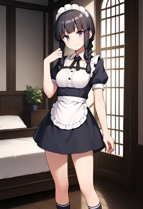 score_9, score_8_up, score_7_up, score_6_up, score_5_up, score_4_up, source_anime, 
BREAK,
solo, 1girl, standing, looking at viewer, smile, maid, indoors, 
<lora:kitakami_kancolle_ponyXL_v1:1> kitakami (kancolle), black hair, long hair, single braid, blunt...