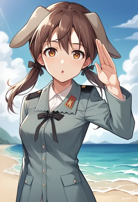 score_9, score_8_up, score_7_up, source_anime, masterpiece, 1girl, ctianbarkh0rn, uniform, no pants, chestnut mouth, looking at viewer, beach, outdoors, sunny, ocean, scenery, depth of field, looking at viewer, cowboy shot, medium breasts, salute, dog ears...