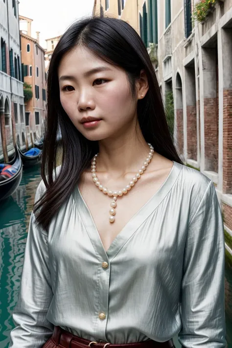 Asian woman, closeup, (shirt), pants, (venice canals), pearl necklace , (), KM_melati, wide shoulders, perfect face, (contact iris: 1.1), pale skin, skin pores , depth of field