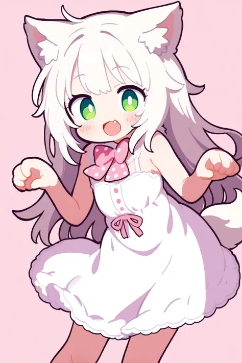 1girl, solo, wolf ears, wolf tail, green eyes, long hair, white hair, white dress, lace_trim, flat chest, cat ear, sleeveless, c...