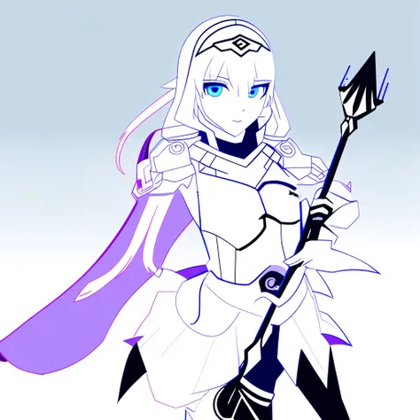 1girl, monochrome, blue eyes, staff, blonde hair, forehead protector, armor, aura, purple eyes