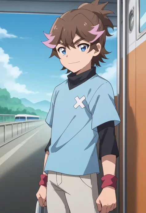 score_9, score_8_up, score_7_up, source_anime, highly detailed, 
solo, brown hair, pink hair, ponytail,1boy, male focus, upper body, multicolored hair, blue eyes, standing, shirt, blue shirt, short sleeves, black shirt, long sleeves, looking at viewer, pan...