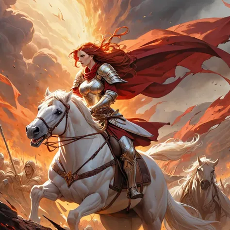 Warrior queen, golden armor adorned with intricate engravings depicting the myths of her people, crimson cloak flowing behind her like a river of fire as she rides a majestic white stallion across a battle-scarred plain, piercing gaze that seems to bore in...