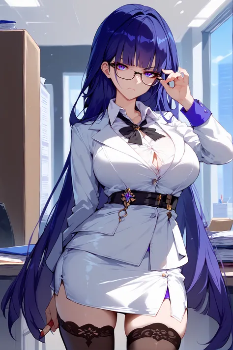 score_9, score_8_up, score_7_up, 1girl, raiden mei, solo, office lady, collared shirt, white shirt, pencil skirt, black thighhighs, glasses, glaring, looking at viewer, cowboy shot, hand on eyewear, office, indoors, depth of field  <lora:Char-Honkai-Raiden...