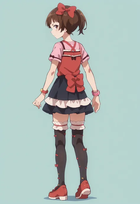 score_9, score_8_up, score_8, source_anime, 1girl <lora:YuiMorikawa:0.85> ,solo, twintails, short hair, brown hair, bangs, brown eyes, shirt, skirt, thighhighs, hair bow, bow, red bow, bracelet, jewelry, red footwear, standing, full body, from behind, look...