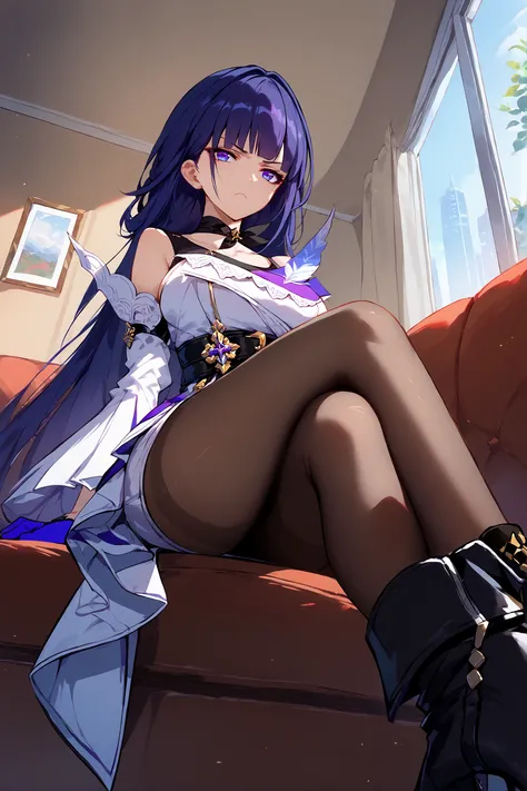 score_9, score_8_up, score_7_up, 1girl, raiden mei, solo, pantyhose, high heel boots, single glove, layered dress, ribbon choker, tank top, detached sleeves, sitting, crossed legs, from below, on couch, windows, living room, glaring  <lora:Char-Honkai-Raid...