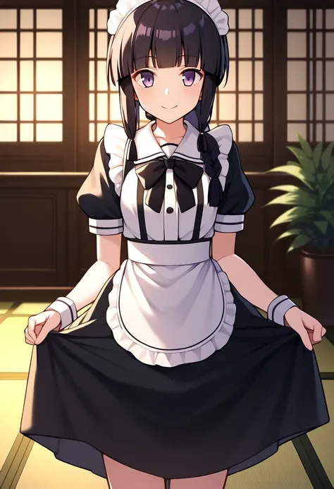 score_9, score_8_up, score_7_up, score_6_up, score_5_up, score_4_up, source_anime, 
BREAK,
solo, 1girl, standing, looking at viewer, smile, maid, indoors, 
<lora:kitakami_kancolle_ponyXL_v1:1> kitakami (kancolle), black hair, long hair, single braid, blunt...