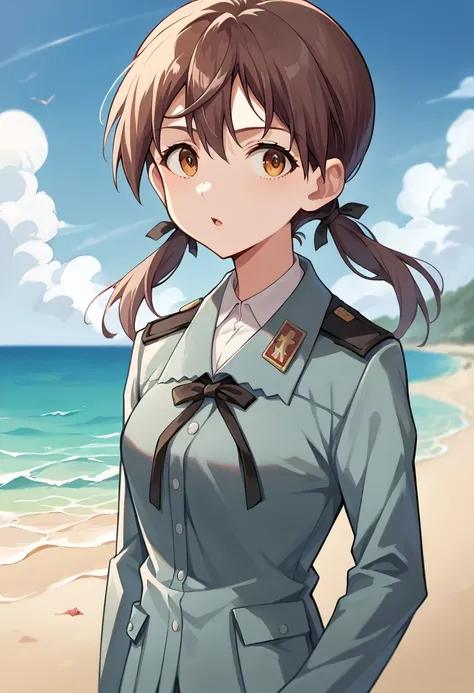 score_9, score_8_up, score_7_up, source_anime, masterpiece, 1girl, ctianbarkh0rn, uniform, no pants, chestnut mouth, looking at viewer, beach, outdoors, sunny, ocean, scenery, depth of field, looking at viewer, cowboy shot, <lora:Gertrud_barkhorn_ct:1>, ci...