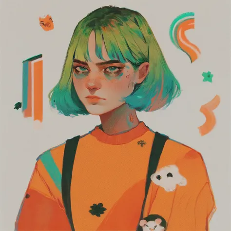 score_9, score_8_up, score_7_up, score_6_up, VitWaterStyle, a girl with a colorful shirt covering her face, two-toned hair, orange and green hair, green eyes