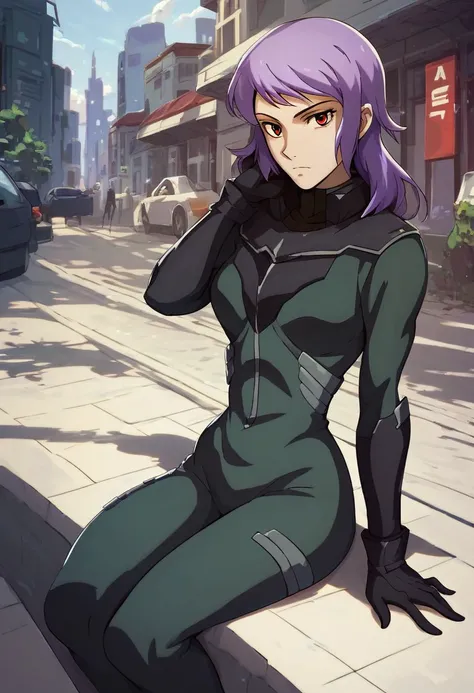 score_9, score_8_up, score_7_up,anew returner , purple hair,red eyes, pilotsuit,street view, city view,sitting, female,solo