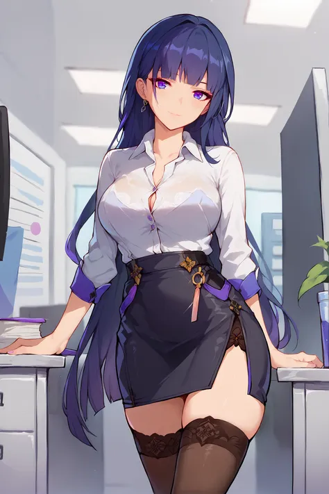 score_9, score_8_up, score_7_up, 1girl, raiden mei, solo, office lady, collared shirt, white shirt, pencil skirt, black thighhig...