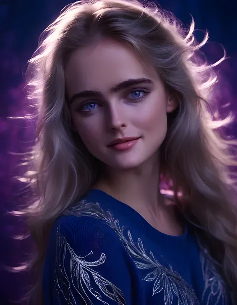 In a captivating and dreamlike portrait, the enigmatic woman, 3R1C43L3N14K, is posed against a deep purple backdrop that seems to shimmer with an otherworldly glow. Her long, cascading hair, the color of midnight, frames her striking blue eyes that twinkle...