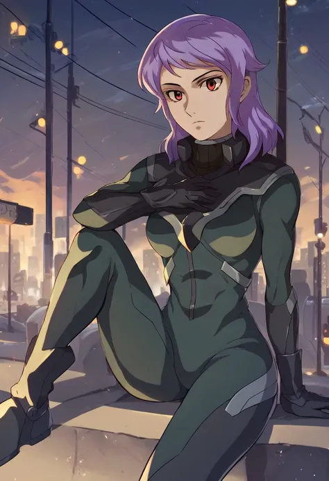 score_9, score_8_up, score_7_up,anew returner , purple hair,red eyes, pilotsuit,street view, city view,sitting, female,solo