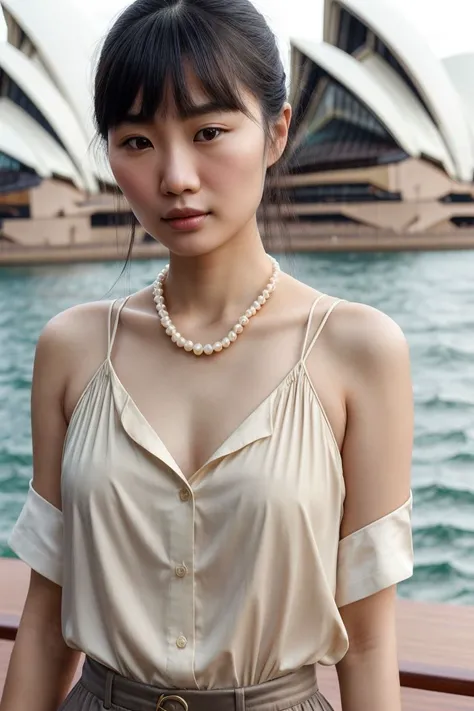 Asian woman, closeup, (shirt), pants, (sydney opera house), pearl necklace , (), KM_hannah, wide shoulders, perfect face, (contact iris: 1.1), pale skin, skin pores , depth of field