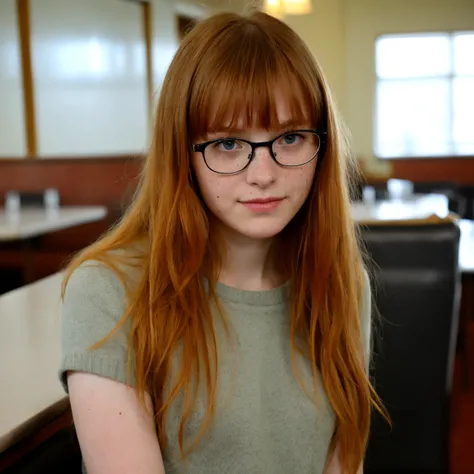 8k high definition photography, high quality, highres, BREAK this 21yo girl with glasses at Dennys was so shy and awkward by herself I just had to go up and say hello to her. and to my surprise shes actually very pretty, shes a freckled ginger lass of good...