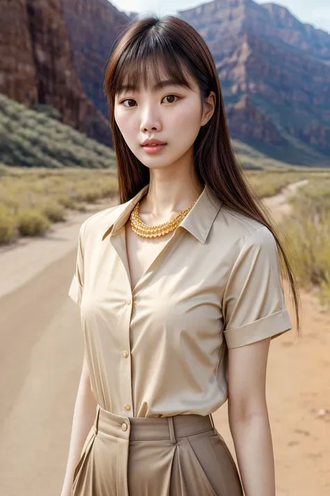 Asian woman, closeup, (shirt), pants, (big bend national park), gold necklace , (), KM_rebecca, wide shoulders, perfect face, (contact iris: 1.1), pale skin, skin pores , depth of field