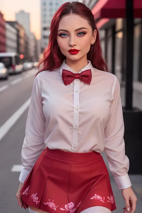 <lora:leniklum-08:0.6>,leniklum, ((red lipstick, blush)), ((detailed skin, detailed face):1.2), ((detailed eyes, beautiful eyes):1.2), , photo of a woman, ,beautiful picture, fully clothed, outside, ((bowtie, thighhighs, shirt, skirt)), city street, sunset...