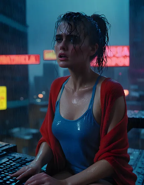 3R1C43L3N14K, In a gritty, neo-noir setting reminiscent of Blade Runners rain-soaked cityscape, a striking, ethereal woman is captured in a dramatic close-up shot. Her hair cascades wildly around her face as if caught in the relentless downpour, with stran...