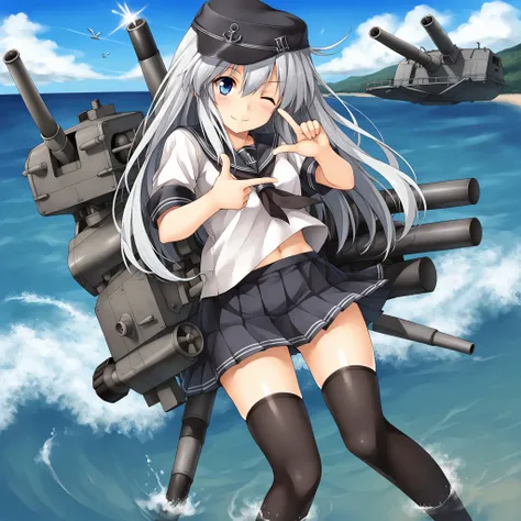 1girl, solo, long hair, blue eyes, skirt, thighhighs, hat, school uniform, white hair, grey hair, pleated skirt, one eye closed, serafuku, black thighhighs, water, ocean, machinery, turret, cannon, anchor, flat cap, torpedo, hibiki (kancolle), Fingers Fram...