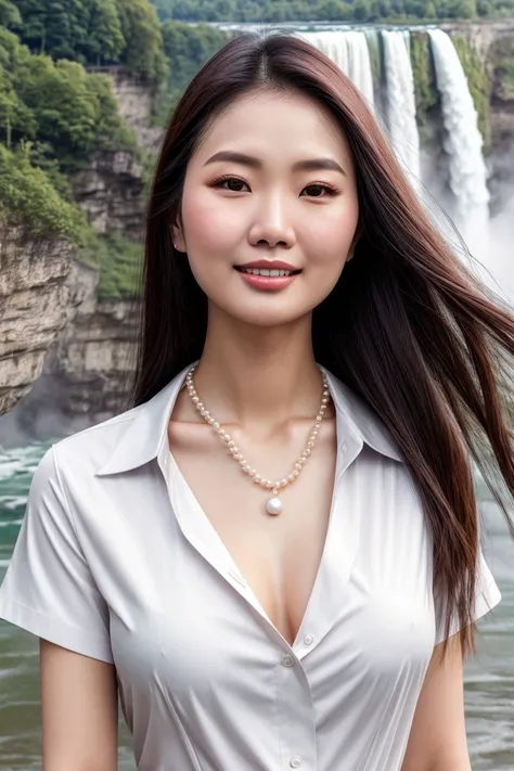 Asian woman, closeup, (shirt), pants, (niagara falls), pearl necklace , smiling , KM_sun-hee, wide shoulders, perfect face, (contact iris: 1.1), pale skin, skin pores , depth of field