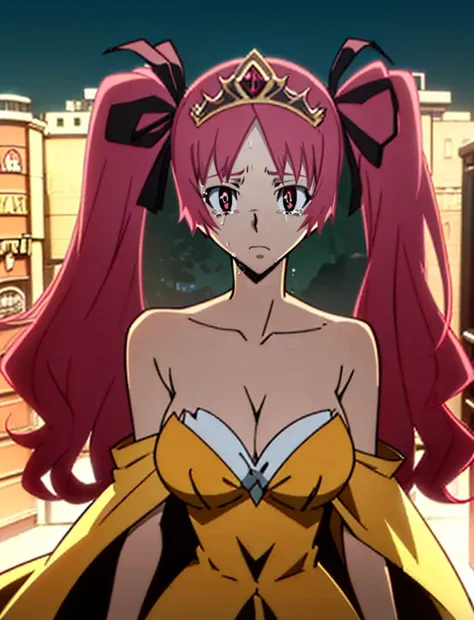 1girl, 18 years old, (looking at viewer),(wearing  orange medieval princess costume, tiara, bare shoulders:1.2),
<lora:m3gum1N0rm:.85>, (pink eyes), long pink hair,  ( mega twintails), (cleavage),  (hair ribbons:1),
<lora:animemix_v3_offset:.5>, 
(masterpi...