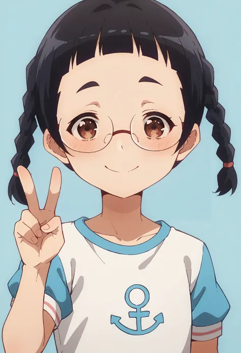 score_9, score_8_up, score_8, source_anime, 1girl <lora:MimikaWashizaki:0.85> ,solo, skinny, short hair, twin braids, braid, black hair, brown eyes, glasses, shirt, short sleeves, shorts, upper body, blush, smile, v sign, 
light blue background,