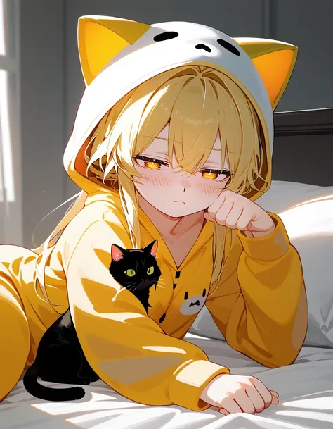 score_9, score_8_up, score_7_up, best quality, masterpiece, 4k, uncensored, prefect lighting, very aesthetic,  source_anime, asanagi,
1girl,  <lora:33_Gaff_PONY:1>, cat_ears, blonde, orang_jitome_eyes, onesie, blonde_hair_bob, in bed, sleepy