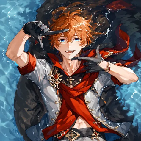 solo, looking at viewer, smile, short hair, open mouth, bangs, blue eyes, gloves, 1boy, navel, hair between eyes, jewelry, collarbone, jacket, upper body, male focus, earrings, lying, teeth, black gloves, pants, on back, water, scarf, orange hair, blurry, ...