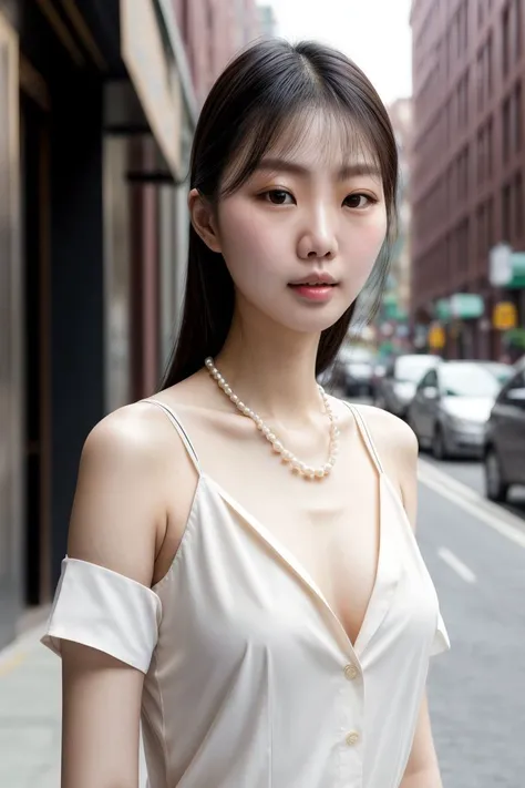 Asian woman, closeup, (shirt), pants, (streets of boston), pearl necklace , (), KM_rebecca, wide shoulders, perfect face, (contact iris: 1.1), pale skin, skin pores , depth of field