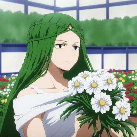 <lora:SlimesIbara-000007:1>, slimes_ibara, woman, solo, green hair, holding flowers, garden background