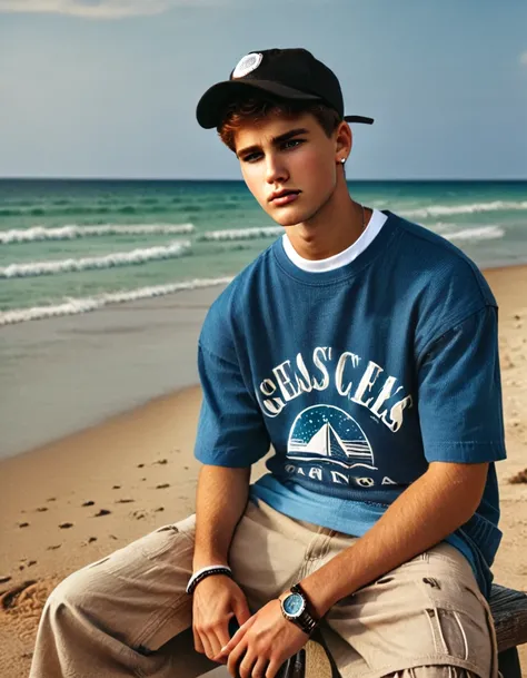 cinematic still 2000sfashionlora, 1boy, male focus, sitting at the beach, hat, watch, baseball cap, wristwatch, shirt, realistic . emotional, harmonious, vignette, 4k epic detailed, shot on kodak, 35mm photo, sharp focus, high budget, cinemascope, moody, e...