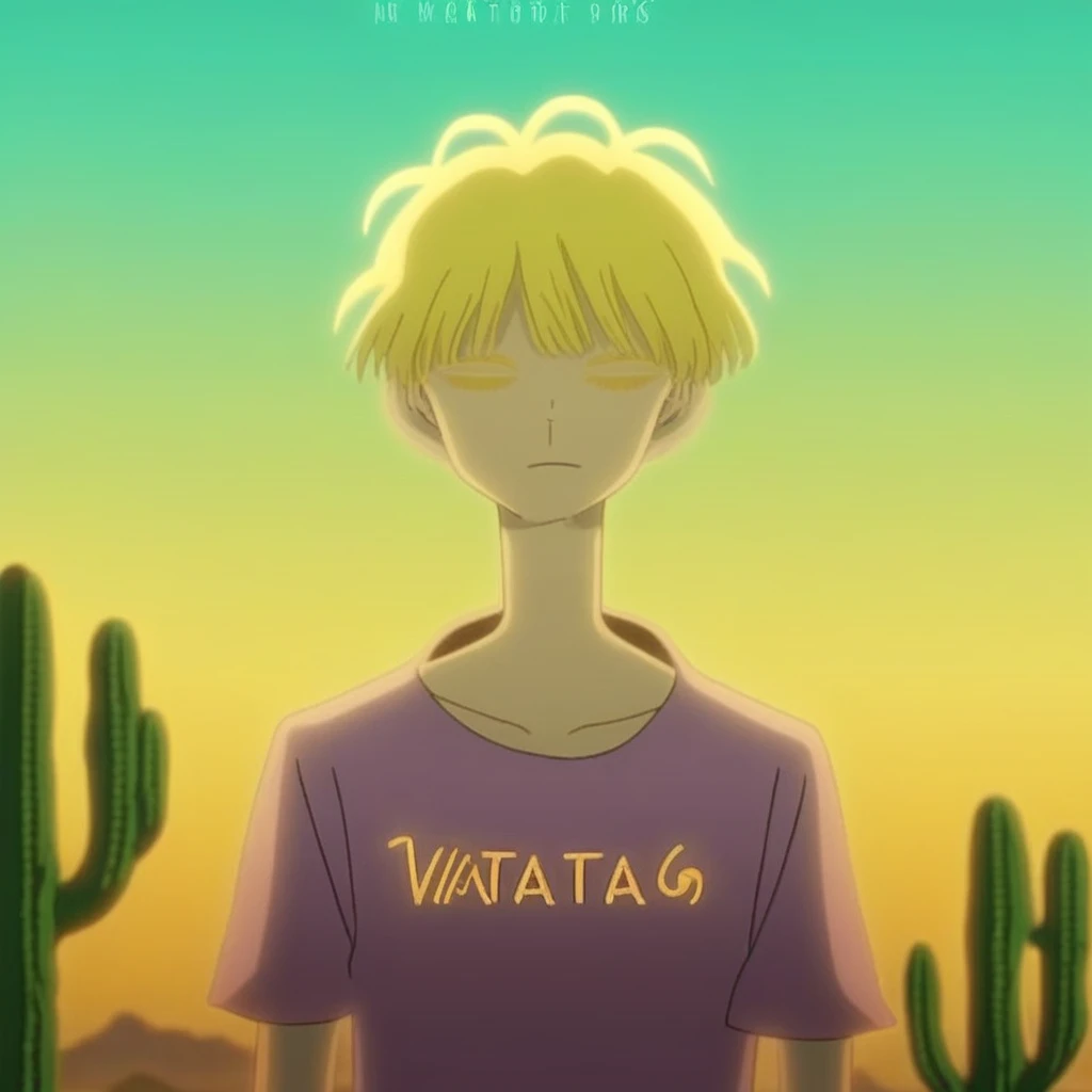 1boy, solo, blonde hair, printed purple shirt, male focus, (best quality), gold cactus, gradient sky, fun vibes, cheerful, soft boy aesthetic, (masterpiece), volumetric lighting, cinematic, experimental portrait, graphic illustration, wide angle shot, voca...