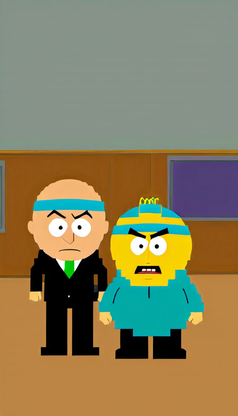 Cartman and Mr. Garrison from South Park in a classroom. Mr. Garrison has a puppet on his hand.  <lora:Epic_ZZT_Ultra_XL:1.2>