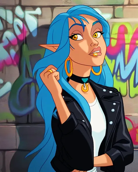 score_9,score_8_up, score_7_up, elf woman with blue hair, upper body, choker, black leather jacket, white t-shirt, hoop earrings, lip ring, long hair, yellow eyes, graffiti wall <lora:90sAnimationsPony:1>