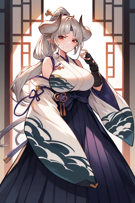 score_9, score_8_up, score_7_up, rating_sensitive,1girl ,azsd, high ponytail, long hair, curled horns, hairpin, forehead ornament, pointy ears, earrings, white kimono, detached sleeves,  wide sleeves, shoulder armors, bandaged arm, glove, fingerless glove,...