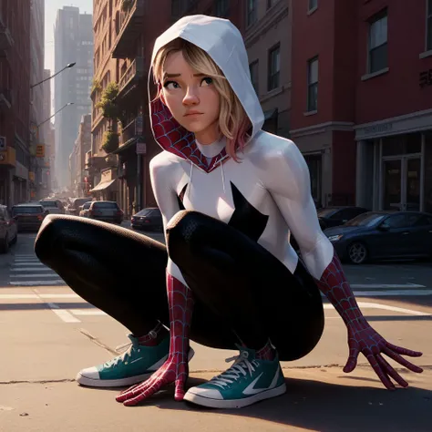 score_9, score_8_up, score_7_up, score_6_up, score_5_up, score_4_up, 1girl, spiderG, sitting on the floor, superhero, hood down