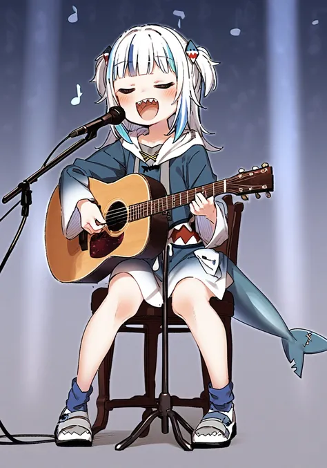 masterpiece, best quality, <lora:style21-a31-000017:1>,1girl, virtual youtuber, gawr gura, grey hair, solo, shark tail, hood, tail, closed eyes, sitting, singing, hood down, musical note, teeth, microphone, fish tail, open mouth, hoodie, two side up, music...