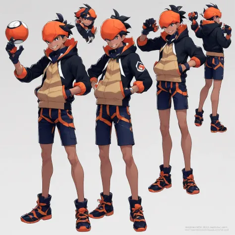 hands in pockets, slim build, standing, solo, holding poke ball, gloves, single glove, undercut, the dragon-type uniform, shoes, masculine, black hair, upper body, earrings, teeth, hand in pocket, pokemon (creature), hood, boy, male, open mouth, light brow...