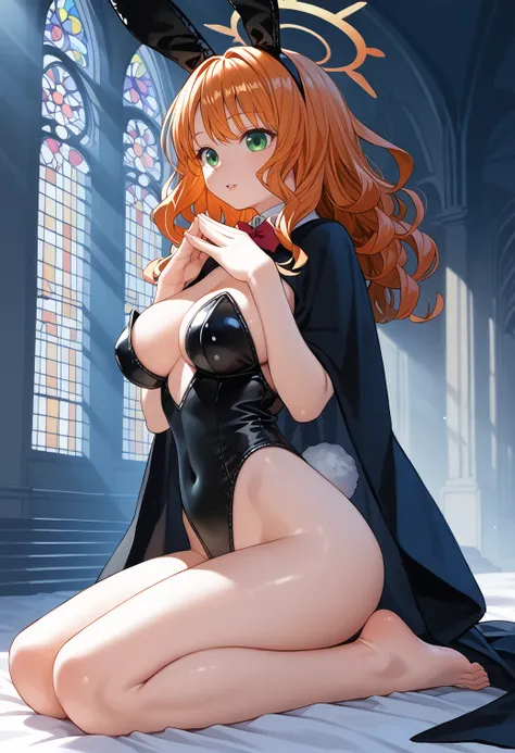 score_9, score_8_up, score_7_up, score_6_up, BREAK
1girl, solo, rabbit girl, fake animal ears, rabbit ears, long wavy hair, orange hair, bangs, green eyes, very large breasts, skinny, narrow waist, long legs, barefoot, halo, pale skin, parted lips,  black ...