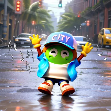 laying down, front view, musical notes, baseball cap, sneakers, puddles, city street, hands up, running three-quarters sideways, cheerful, singing happily, waving hands, tropical