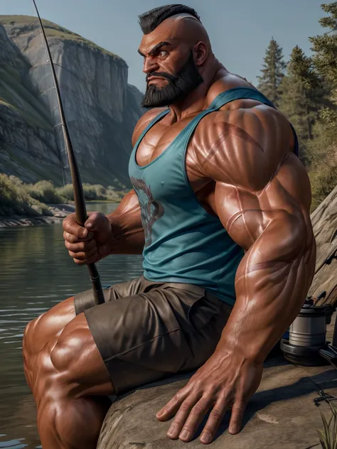 ultra realistic, unreal engine 5, anatomically correct, detailed eyes, detailed face, brown eyes, thick eyebrows, male focus, solo, zangief, bodybuilder, scar, mohawk, ((tank top)), shorts, ((holding fishing rod, fishing)), sitting by the river, from side,...