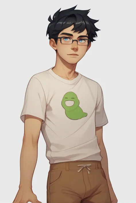 , , score_9, score_8_up, score_7_up, masterpiece, , line art, portrait, anime,, detailed, <lora:Expressive_H:0.45> Expressiveh , solo , , <lora:John_Egbert:0.8>, 1boy, male, black hair, short hair, blue eyes, john egbert, white shirt, t-shirt, brown shor...