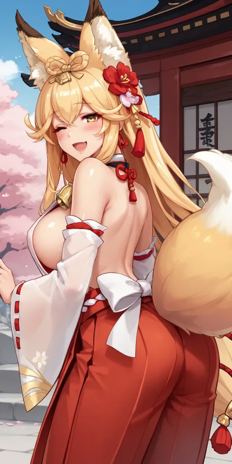 score_9, score_8_up, score_7_up, 1girl, mature female, shiny skin, <lora:Expressive_H:0.8>, <lora:TheFox:0.8>,thefox, yellow eyes, blonde hair, fox girl, fox ears, fox tail, very long hair, braid, hair ornament, ;d, bangs, bare shoulders, blush, breasts, d...